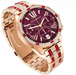 Reloj inteligente de lujo rosa con detalles en rojo y cristales