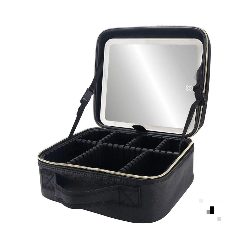 Bolso de maquillaje portátil con espejo y luz LED